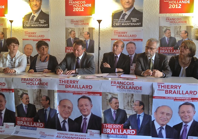 De g. à d. : Françoise Rivoire (EELV), Alexandrine Pesson (maire du 5e), Thierry Braillard, Gérard Collomb, Jean-Yves Sécheresse (pdt PS au conseil municipal), Zora Aït Maten (élue Lyon7e)
