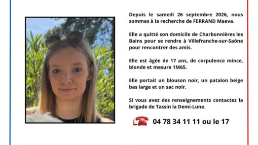 Pr&egrave;s de Lyon : une adolescente de 17 ans port&eacute;e disparue, la gendarmerie lance un appel &agrave; t&eacute;moins