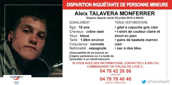 Appel à témoins après la fuite d’un adolescent espagnol à Lyon