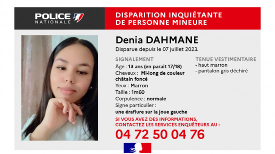 Près de Lyon : appel à témoins pour retrouver Denia, portée disparue depuis juillet Près de Lyon : appel à témoins pour retrouver Denia, portée disparue depuis juillet