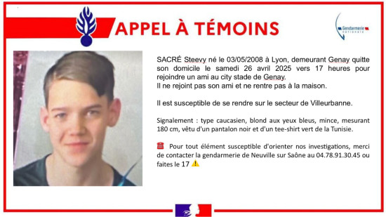 Steevy a fugué près de Lyon : un appel à témoin pour retrouver l'adolescent Steevy a fugué près de Lyon : un appel à témoin pour retrouver l'adolescent