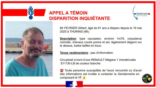 Disparition inquiétante à Thurins, près de Lyon : appel à témoins pour retrouver un homme de 61 ans