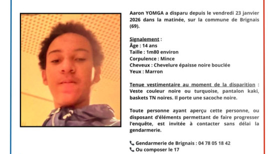 Disparition inqui&eacute;tante d'Aaron pr&egrave;s de Lyon : un appel &agrave; t&eacute;moins pour retrouver l'adolescent