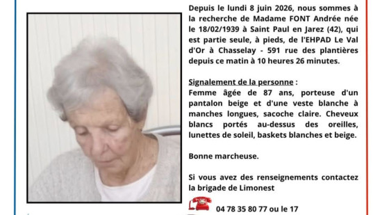 Elle quitte son EHPAD pr&egrave;s de Lyon et dispara&icirc;t : les gendarmes lancent un appel &agrave; t&eacute;moins