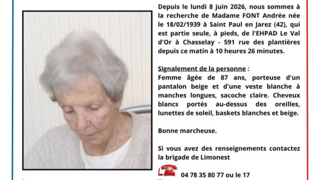 Elle quitte son EHPAD pr&egrave;s de Lyon et dispara&icirc;t : les gendarmes lancent un appel &agrave; t&eacute;moins