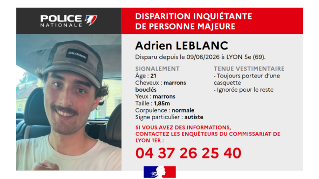 Disparition inqui&eacute;tante &agrave; Lyon : un jeune homme autiste de 21 ans activement recherch&eacute; par la police