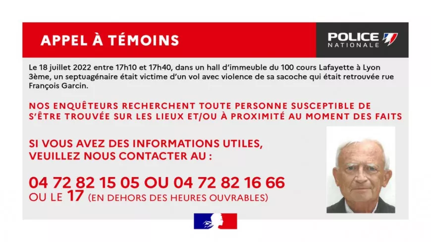 Lyon : un septuagénaire victime d'un vol avec violence, un appel à témoins lancé