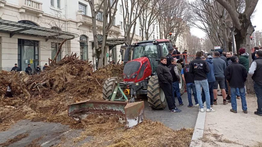 Lyon : après les opérations escargots, les agriculteurs déversent des déchets verts devant la DREAL