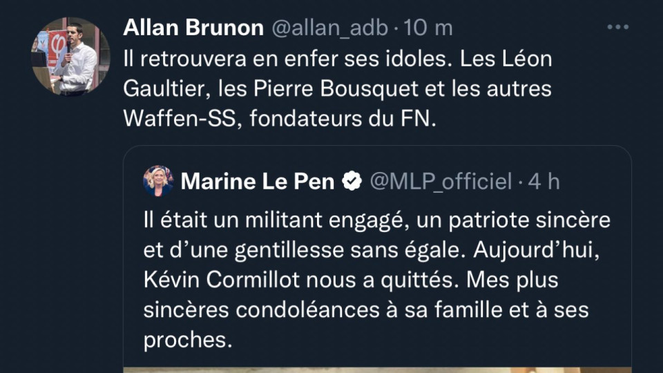 "Il retrouvera en enfer ses idoles", écrit le collaborateur du député du Rhône Gabriel Amard au sujet de la mort d'un militant RN