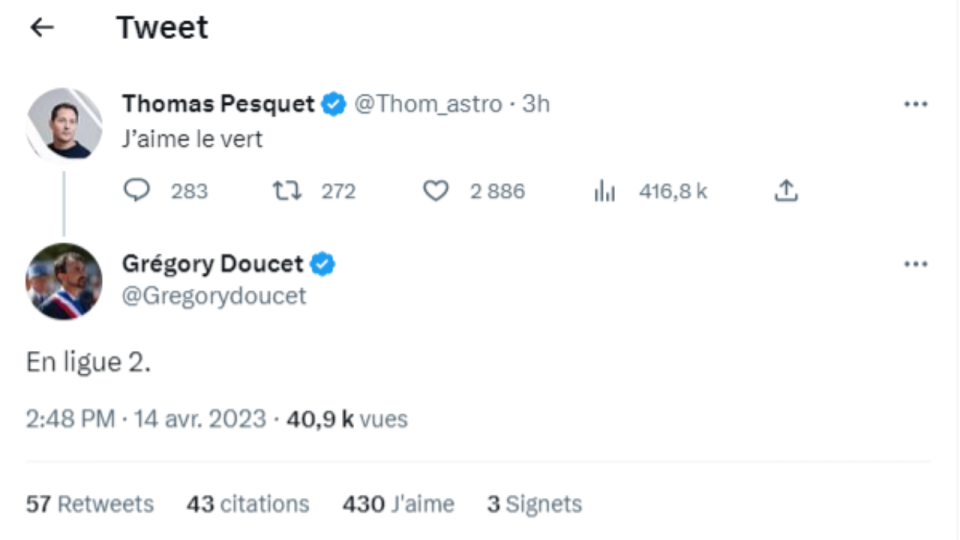 Grégory Doucet répond à Thomas Pesquet sur Twitter : le vert oui, mais "qu’en ligue 2"
