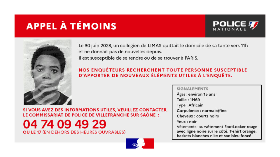 Rhône : un appel à témoins lancé pour retrouver un collégien de 15 ans