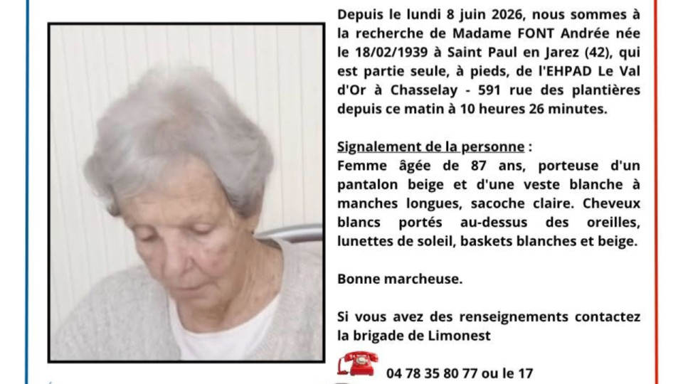 Elle quitte son EHPAD pr&egrave;s de Lyon et dispara&icirc;t : les gendarmes lancent un appel &agrave; t&eacute;moins