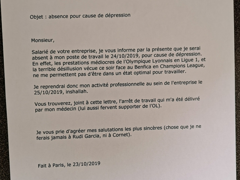 OL : dépité par les mauvais résultats, il pose un arrêt de travail