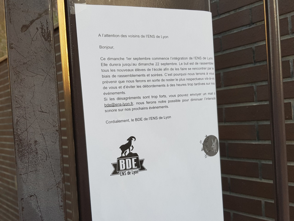 Le BDE de l’ENS Lyon promet à ses voisins de rester sage pendant la période d’intégration