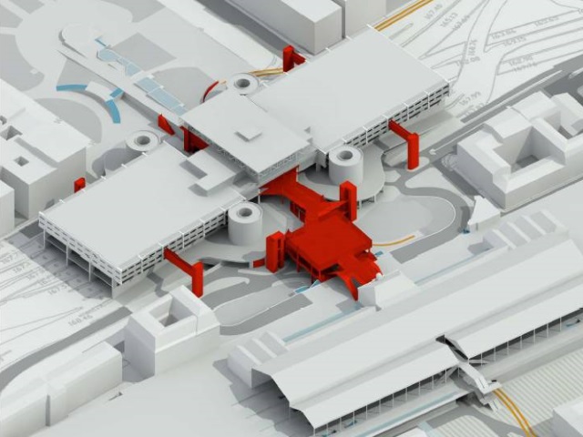 Vue de l'échangeur Perrache avec en rouge les structures qui vont disparaître - DR SPL