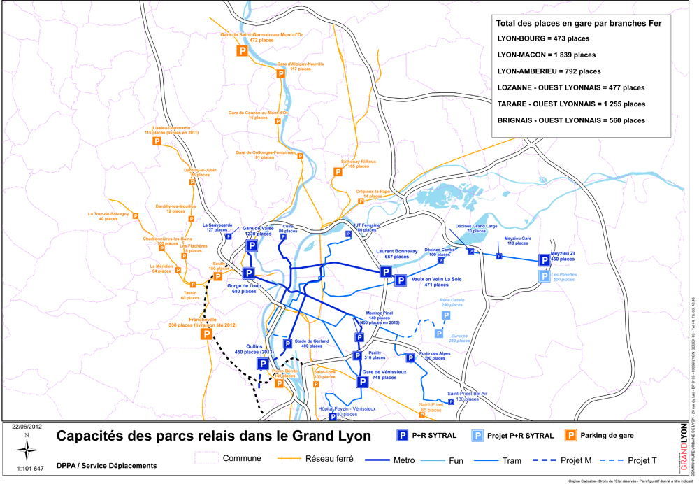 Carte des parcs relais du Grand Lyon 