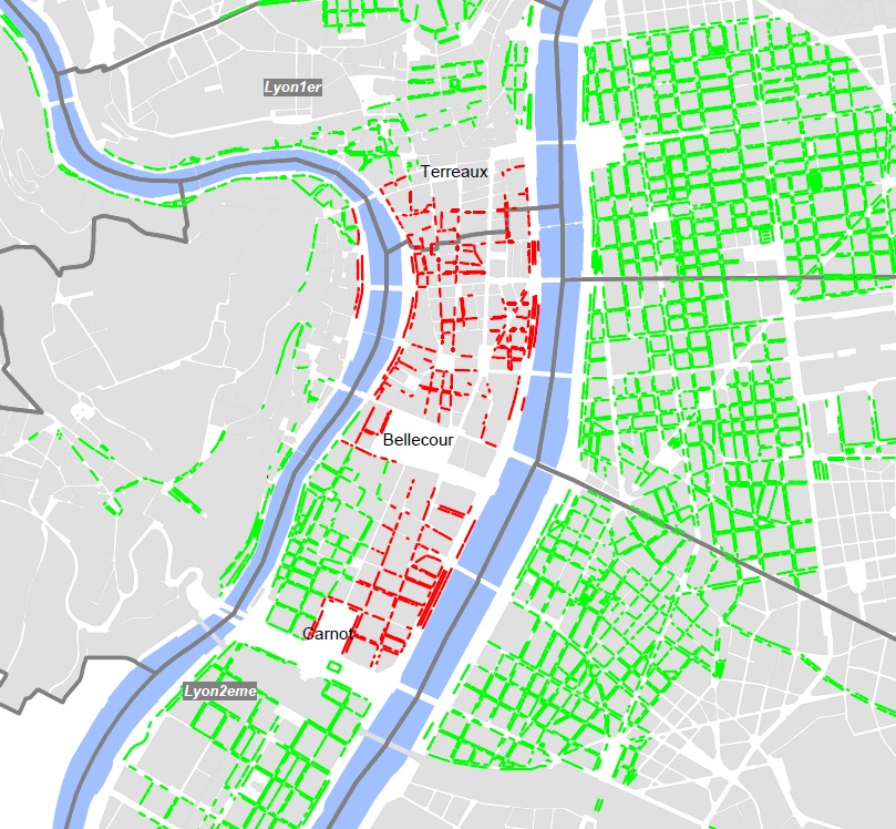 En rouge, le stationnement reste payant; en vert, c'est gratuit - DR ville de Lyon