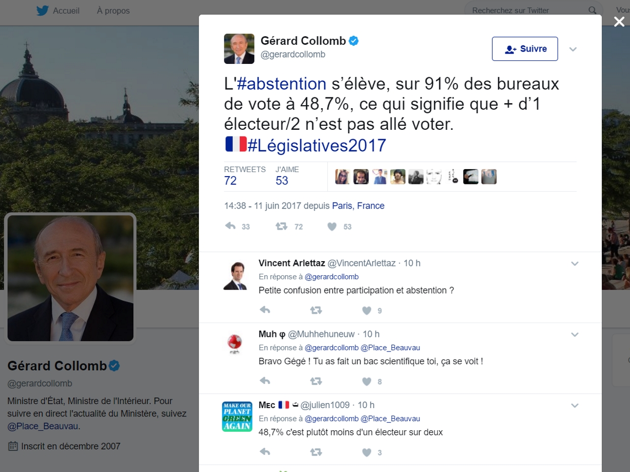 Le tweet de Gérard Collomb - Capture d'écran